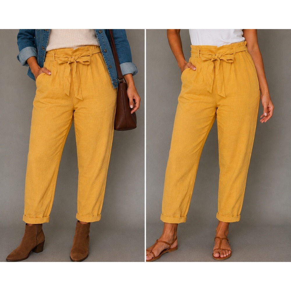 M 152 Love Tree Mustard Linen Blend Paperbag Waist Tie Belt Cropped Pant Pockets